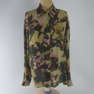 Linda Allard Ellen Tracy Womens 16 Olive Green Pink Floral Silk Blouse Shirt XL